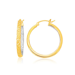 Two-Tone Yellow and White Gold Medium Patterned Hoop Earrings(3x30mm)