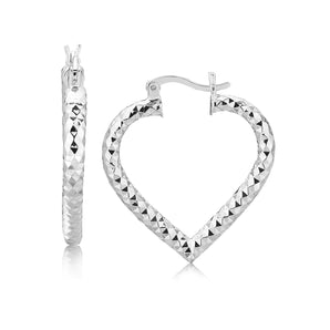 Sterling Silver Rhodium Plated Heart Style Hoop Diamond Cut Earrings(3x22mm)