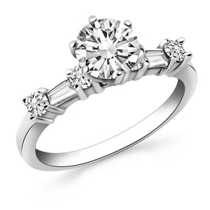 14k White Gold Engagement Ring Mounting with Round and Baguette Diamonds