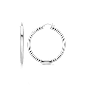 Sterling Silver Rhodium Plated Thick Large Polished Hoop Design Earrings(4x40mm)