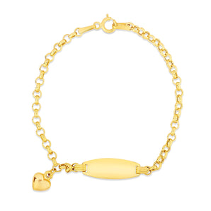 14k Yellow Gold Heart Accented Childrens Cable Chain ID Bracelet (6.35 mm)