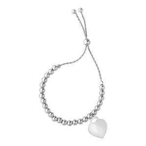 Adjustable Shiny Bead Bracelet with Heart Charm in Sterling Silver