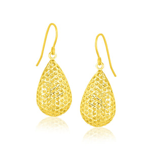 14k Yellow Gold Honeycomb Texture Large Teardrop Drop Earrings