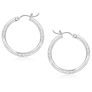 14k White Gold Diamond Cut Hoop Earrings (25 mm)