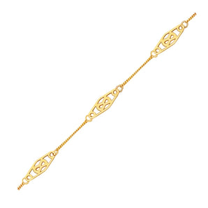 14k Yellow Gold Anklet with Fancy Diamond Shape Filigree Stations