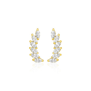 14k Yellow Gold Leaf Motif Climber Post Earrings with Marquise Cubic Zirconias