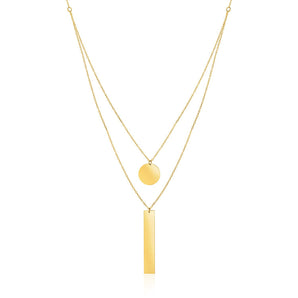 14k Yellow Gold 18 inch Two Strand Necklace with Circle and Bar Pendants