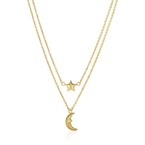 14k Yellow Gold Double-Strand Chain Necklace with Puff Moon and Star