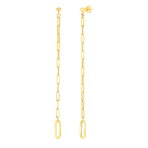 14k Yellow Gold Long Paperclip Chain Dangle Earrings