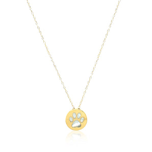 14k Yellow Gold Necklace with Dog Paw Print Symbol in Mother of Pearl