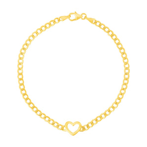 14k Yellow Gold 7 inch Curb Chain Bracelet with Heart