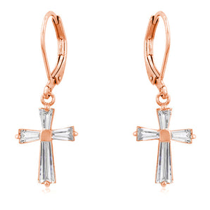 Rose Gold Plated CZ Cross Drop Earrings