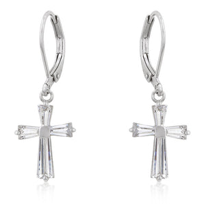 Cubic Zirconia Rhodium Plated Finish Cross Earrings