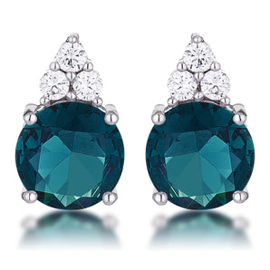 Simple Rhodium Plated 9mm Blue Green CZ Stud Earring