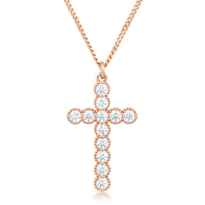 Micro Beaded Rose Gold Plated Clear CZ Cross Pendant