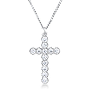 Micro Beaded Rhodium Plated Clear CZ Cross Pendant