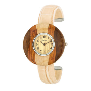 Brenna Beige Wood Inspired Leather Cuff Watch